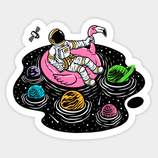 Astronaut Lounging in a Space Pool on a Pink Flamingo Floatie Sticker